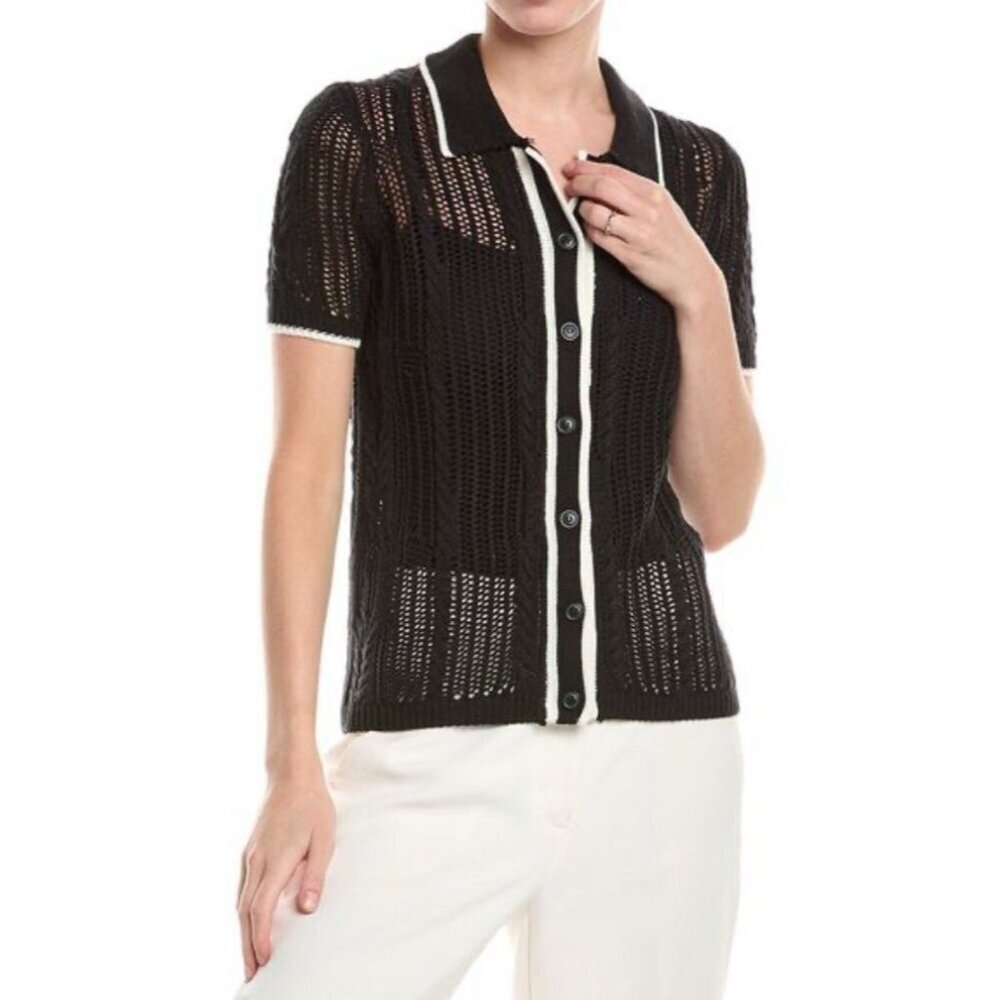 Jason Wu Black Crocheted Cable Knit Button-Down Shirt Size L - Picture 10 of 11